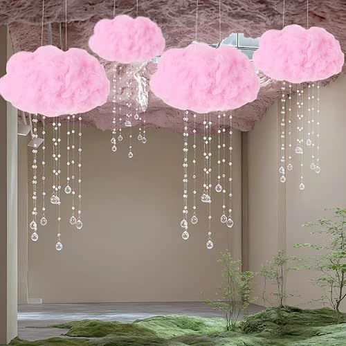Marsui Artificial Cloud Props LED Hanging Pink Light String Fake Imitation 3D Cotton Cloud Classroom School Decor Raindrop for Room Ceiling Baby Shower Party Wedding Nursery Wall DIY Decor(4 Pcs)