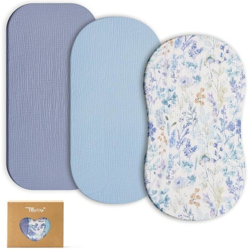 TILLYOU Muslin Bassinet Sheets for Baby Boys Girls 3 Pack, Soft Breathable Elastic Cotton Bassinet Mattress Sheets, Fit Hourglass Oval Rectangle Cradle Mattress, 33"X17",Blue Flower