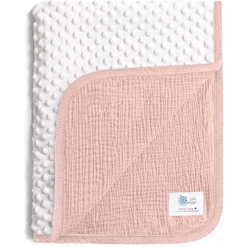 lulumoon Muslin Baby Blanket for Girls: Minky Dot Backing Thermal - Newborn Blanket for Baby Shower & Registry Gift 30"x40"(Pink)
