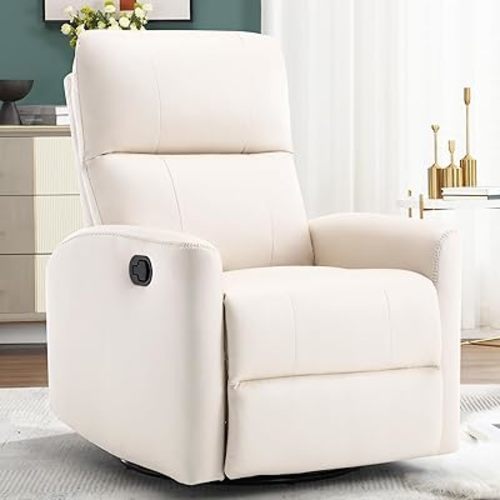 Swivel Rocker Recliner Chair, Manual Faux Leather Glider Rocking Recliners for Adults, 360° Swivel Nursery Reclining Sofa with Padded Backrest for Living Room, White