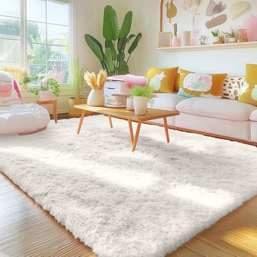 OLANLY Area Rugs for Living Room Bedroom, Machine Washable 4x5.9 ft Soft Fluffy Shaggy Bedside Rug, Indoor Floor Carpet for Kids Girls and Boys, Dorms, Nursery Rooms, Home Decor Aesthetic, Ivory