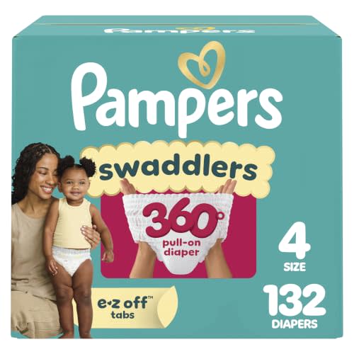 Pampers Diapers - Swaddlers 360° - Size 4, 132 Count, up to 100% Leakproof Comfy Dry Fit, Designed for Easy Changes, Pull On Baby Diaper (Packaging May Vary)