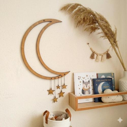 Wooden Moon Dream Catcher, Stars Mobile, Nursery Wall Decor