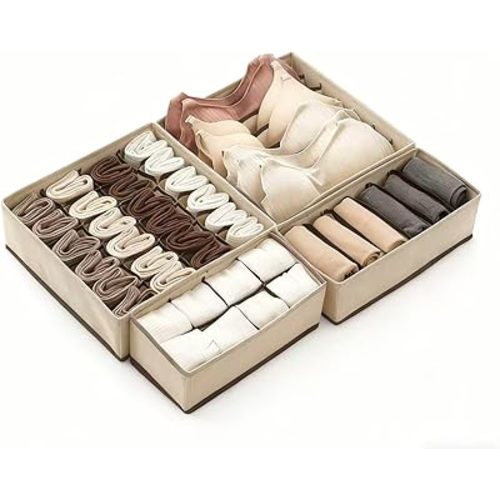 4 Piece Drawer Organiser,Collapsible Non-Woven Sorting Box,Closet Divider For Underwear,Socks,Bras,Ties (Khaki)