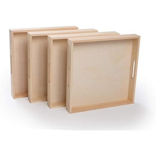 Wood Tray/Wooden Trays | Square Serving Boxes with Handles - Unfinished & Small | for Montessori Materials, Crafts to Paint, Kids, Decor, Shelf, Activity (12 x 12 x 1.5, Pack of 4)