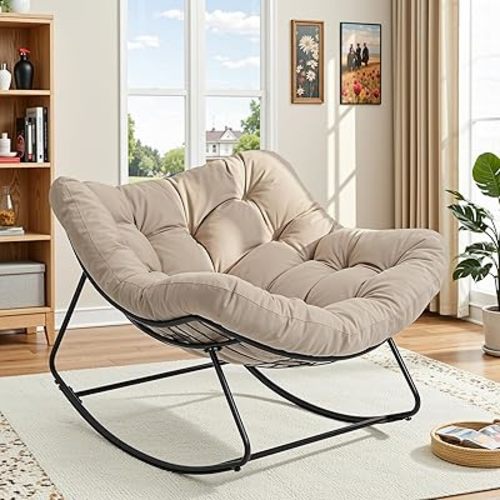 Papasan Rocking Chair Indoor, Oversized Rocking Chair with Thickened Cushion, 450 lbs Large Comfy Egg Chair Indoor,Cozy Lounge Reading Glider Chair for Bedroom, Beige