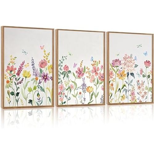 CHDITB Wildflower Framed Canvas Wall Art Set Of 3,Flower Artwork Modern Floral Wall Decor, Watercolor Nature Wall Painting, Minimalist Butterfly Art Prints For Bedroom Living Room Office Decor-12”X16”