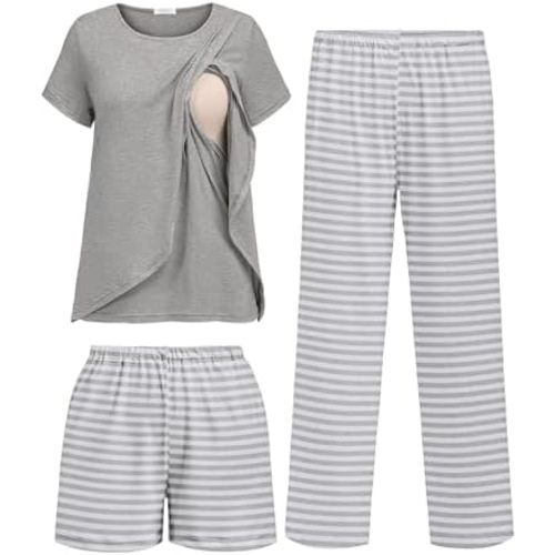 Ekouaer 3 PCS Maternity Nursing Pajamas Set Postpartum Breastfeeding Short Sleeve Shirts, Pregnancy Shorts & Pants Pjs S-XXL