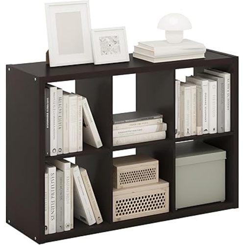 Furinno CUBICLE Book Shelf, 6-Cube Thick Frame Bookshelf, Horizontally & Vertically Reversible Bookcase with Open Back, 14.6" x 43.8" x 30", for Living Room, Bedroom, Home Office, Black Dark Oak