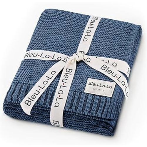 Heritage Knit Organic Cotton Receiving Swaddle Blanket for Boys - 100% Organic Soft Luxury Cotton Warm Cuddle Swaddling Blanket for Newborns Infants Toddler 36" x 32" (0-2Yrs - Denim Blue)