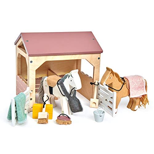 Tender Leaf Toys - The Stables - 13 Pcs Imaginative Horse Stables Play Set with and Accessories - Animal Learning Pretend Play and Promote Creativity - Age 3+