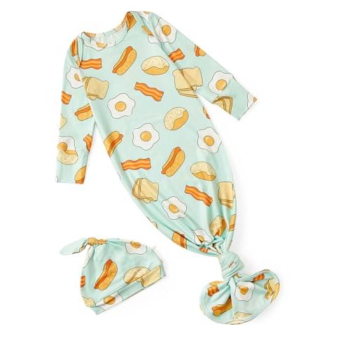 PATPAT Baby Sleeper Gown with Hat for Newborn, Knotted Baby Gown with Fold-Over Mittens for Infant Girl Boy Home Coming Gift