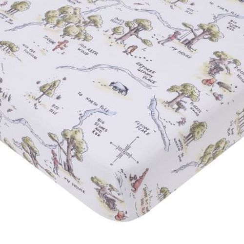 NoJo Disney Classic Winnie the Pooh Sage, Tan, and White, Map of 100 Acre Woods Super Soft Nursery Fitted Crib Sheet