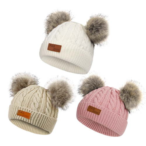 American Trends Baby Beanie Double Pom Pom Hat Kid Toddler Beanies Knit Baby Girl Winter Hat Caps for Baby Boys Girls 3 Packs White & Khaki & Dark Pink