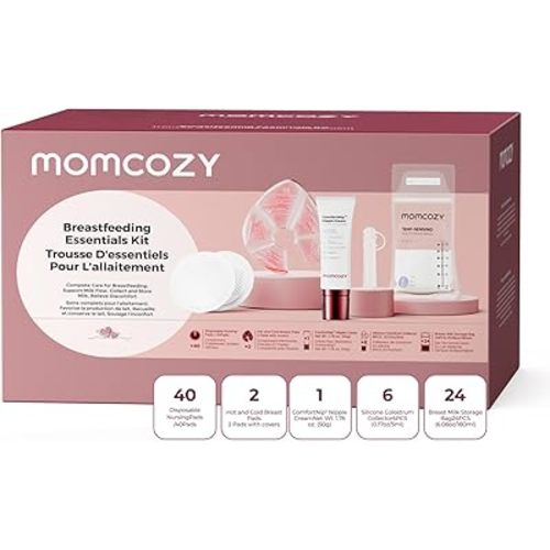 Momcozy Breastfeeding Care Kit, Disposable Nursing Pads, Hot & Cold Breast Packs, Temperature Sensing Milk Storage Bags, Nipple Cream & Colostrum Collectors, Postpartum Essentials Gift Set