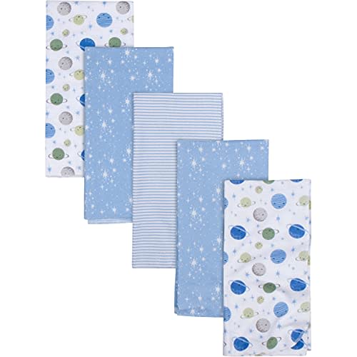 Gerber Boys Newborn Infant Baby Toddler Nursery 100% Cotton Flannel Receiving Swaddle Blanket, Space Blue, Pack of 5