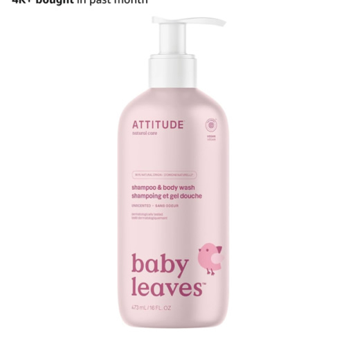 ATTITUDE 2-in-1 Shampoo and Body Wash for Baby, Fragrance-Free EWG Hypoallergenic Plant- and Mineral-Based Ingredients, Vegan and Cruelty-Free, Unscented, 16 Fl Oz