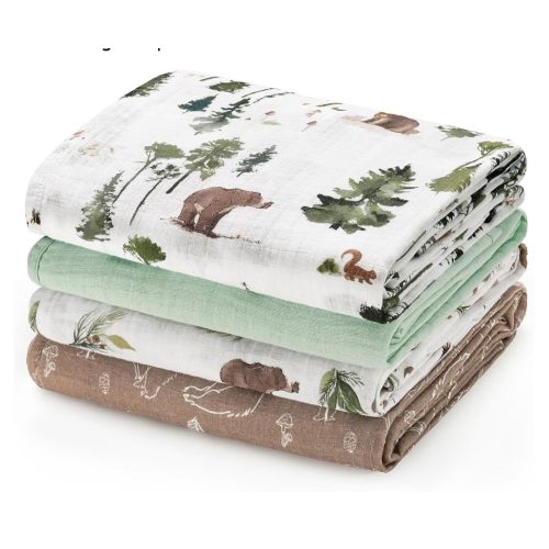 david's kids 4 Pack Baby Muslin Swaddle Blankets, 100% Cotton and Ultra Soft Breathable Receiving Blanket Wrap for Boys Girls, New Born Essentials, Large 47 x 47 inches, Woodland Animals/Green