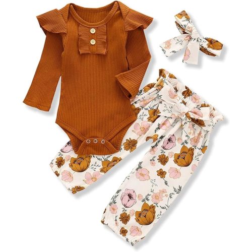 Kislio Newborn Baby Girls Clothes Ribbed Ruffled Romper+Floral Pants+Headband Infant Outfit Set