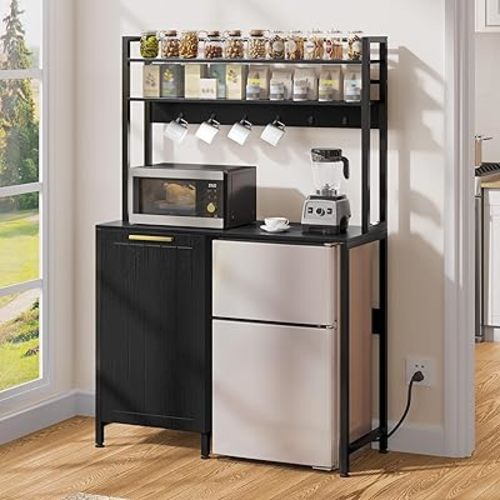 DWVO Mini Fridge Stand with Trash Can Storage Kitchen Bakers Rack with Power Outlets Freestadning Coffee Bar Cabinet 3-Tiers Coffee Stand Station for Kitchen Dining Room Living Room Office Black