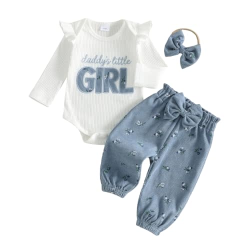 Hnyenmcko Newborn Baby Girl Clothes Ruffle Romper Floral Pants Headband Set | Rib Knit Romper, Floral Jogger Pants with Cute Headband, Coming Home Outfit, 3 Piece Fall Winter Outfit, 0 3 6 9 12 Months