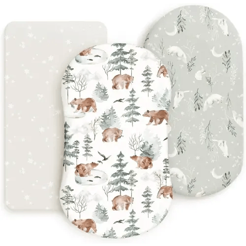 GRSSDER Stretchy Ultra Soft Fitted Bassinet Sheet Set 3 Pack, Universal Fit for Bassinets Baby Cradle Moses Basket Oval Rectangle Mattress Safe and Snug, Stylish Pattren of Bear and Wolf Print
