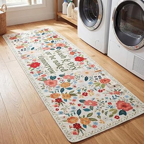 Dunzy Laundry Room Runner Rug 20"x 60" Non Slip Diatomaceous Mat with Vintage Floral Design Extra Long Waterproof Floor Mat for Laundry Room, Kitchen, Mudroom & Bathroom Decor(White)