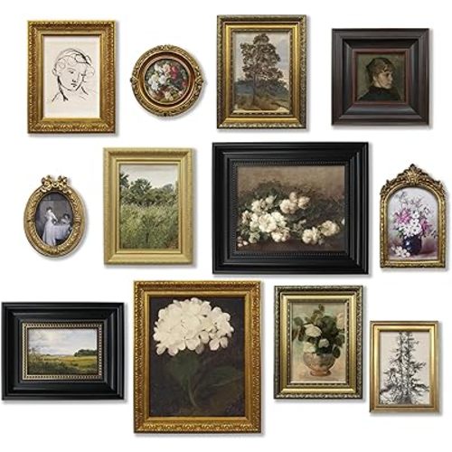 TwoDays 12 Pcs Vintage Picture Frame Set for Gallery Wall — Antique Gold & Brass, Sizes 8x10, 5x7, 4x6 | Wall & Tabletop | Shatterproof Acrylic | Home Decor