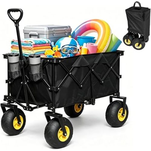 iHomey Collapsible Beach Wagon Cart with Balloon Wheels, Inflatable 9" All-Terrain Wagon, 500 lbs Capacity Large 220L Outdoor Wagon Utility Cart for Camping & Beach