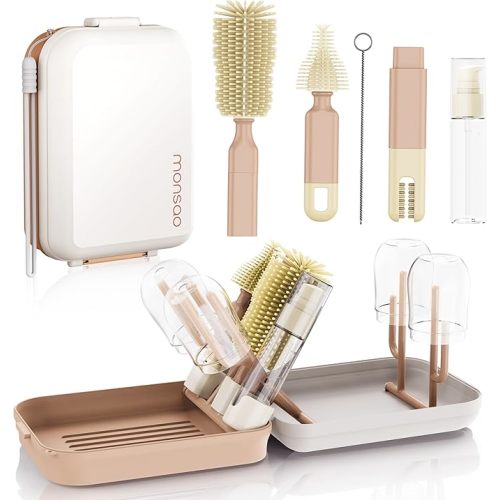 Ensemble de brosses pour biberons avec égouttoir - Kit de nettoyage portable en silicone pour biberons, tétons et pailles - Boîte de rangement de voyage pour la maison et les déplacements (rose)