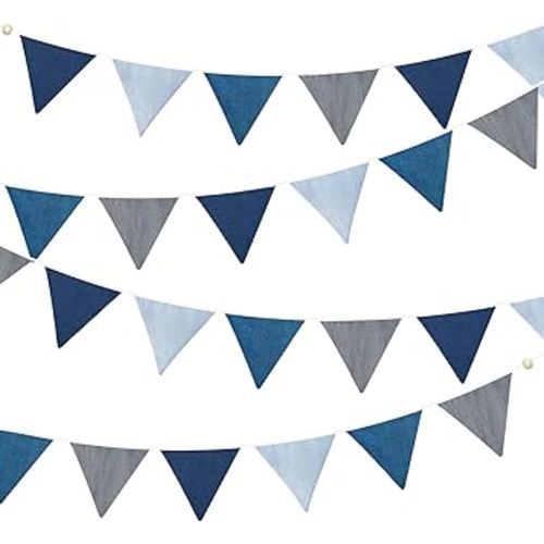 2 Sets of Blue Grey Nursery Garland 24Pcs Royal Fabric Linen Baby Banner Triangle Pennant Flags Streamers for Kids Boys Nautical Birthday Baby Shower Party Decorations Baby Bedroom Nursery Decor