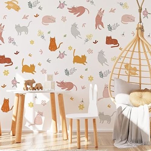 Cat Wall Decals - Boys and Girls Nursery Decor, Colorful Pet Cat Flower Floral Wall Decal,Removable Vinyl Art Murals for Living Room Baby Rooms Bedroom Toilet House DIY Decoration