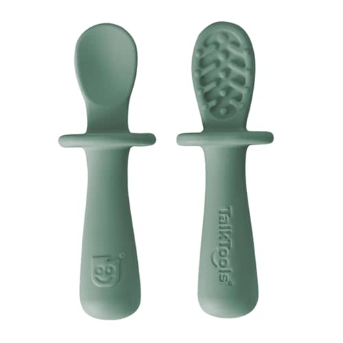 TalkTools ITSY Tiny Silicone Spoons – Twin Pack Soft Silicone Self-Feeding Training Spoons for Kids & Toddlers, Anti-Choking Flange Guard and Non-Slip Handle (Sage)