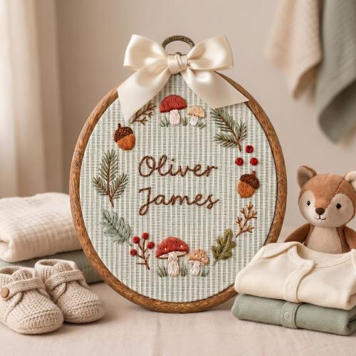 Personalized Embroidered Baby Name Hoop, Baby Name Reveal Sign Heirloom, Custom Woodland Nursery Wall Decor, Baby Shower Gift, Newborn Giit