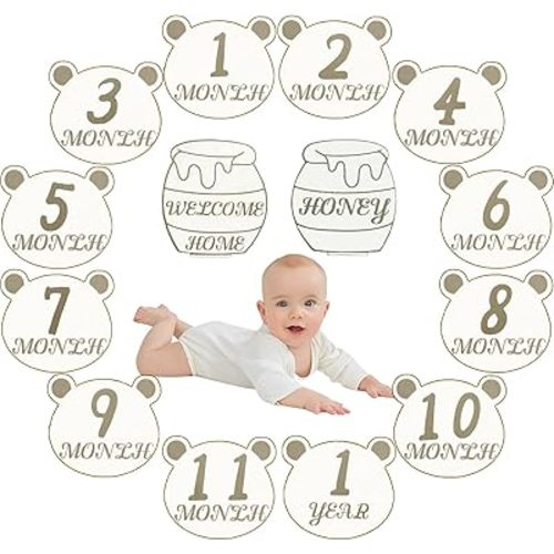 Baby Announcement Sign,Monthly Baby Milestone Cards Signs Gender Neutral Baby Items Wooden Circles Photo Props for Baby Announcement and Milestones Neutral Gift for Newborn Boy and Girl