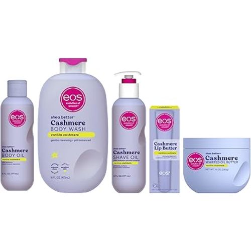 eos Vanilla Cashmere Bundle- Body Oil, Body Wash, Shave Oil, Whipped Body Butter, Lip Butter