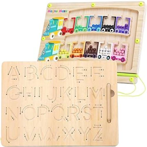 Magnetic Maze&Tracing Board (2in1) Montessori Wooden Magnet Puzzle Game Board Letters Practicing Board Learning to Write ABC Educational Toy Fine Motor Montessori Gift for Boys Girls 3+Years Old