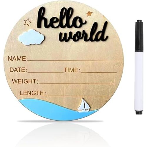 Baby Announcement Sign, 5.9 Inch Wooden Hello World Newborn Signs, Birth Announcement Sign and Pen, Clouds and Sailboats Decoration, Welcome Newborn Arrival to World, Hospital Nursery for baby (black)