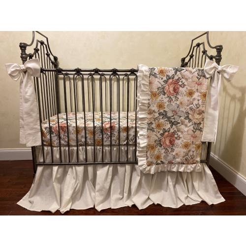 Baby Girl Floral and Linen Crib Bedding Set, Girl Baby Bedding, Ivory Linen Crib Skirt, Floral Crib Sheet, Baby Blanket