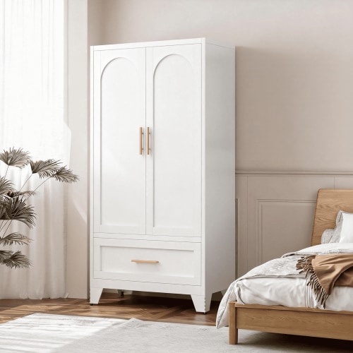Leumius 60" Tall Metal Wardrobe Closet,Modern Armoire Wardrobe Cabinet 1 Drawers and Hanging Rod,Clothes Storage Organizer Cabinets with Double Doors for Bedroom,Office,Living Room-White
