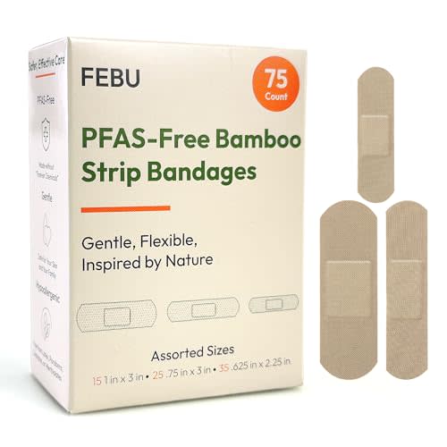 FEBU Eco-Friendly Bamboo Fabric Bandages | PFAS Free Flexible Fabric Bandages | Natural Hypoallergenic Bandage for Scrapes, Cuts & First Aid | Fully Compostable, Latex Free Bandage | 75 Count Strip