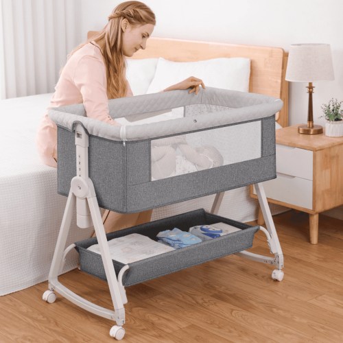 OEIKPFN Baby Bassinet, 3 in 1 Bedside Sleeper with Storage Basket, Adjustable Height, Gray