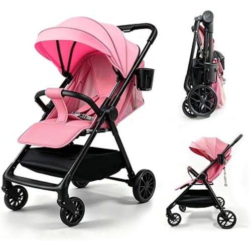 Ultra-Lightweight Stroller at Only 5.4kg, Foldable Compact Pushchair with Lie-Flat Position, Travel Pram from Birth to 15kg, Baby Buggy with Adjustable Backrest, Footrest, Canopy (A8 Pink)