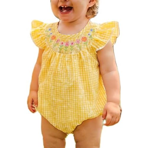 Cute Smocked Bubble Romper Western Baby Girl Clothes Gingham Embroidery Rompers Baby Girl Rodeo Outfit