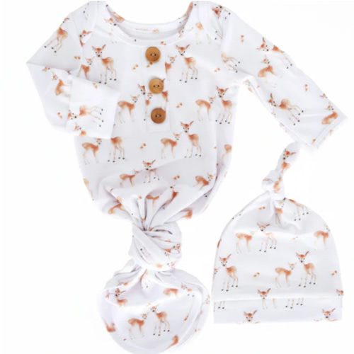 Friendly Fawns Caden Lane Newborn Baby Knot Gown & Hat Set | fold over wrists