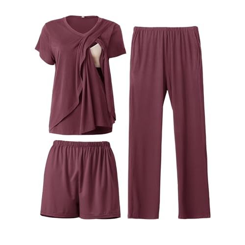 Rnxrbb 3 PCS Nursing Pajamas Set Postpartum Pjs Breastfeeding Sleepwear for Women Double Layer with Pockets