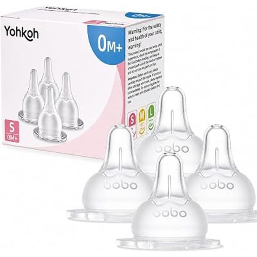 YOHKOH Baby Bottle Nipples for Wide Neck Bottles, 100% Natural Feel Silicone Nipples, BPA-Free (0m+, S, 4 Counts)