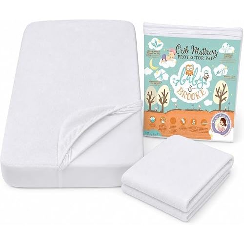 Organic Bamboo from Viscose Fitted Crib Mattress Protector Pad by Baby&Brooke – 100% Waterproof, Absorbent, Non-Toxic, Breathable Mattress Cover - (52"x 28"x 8")