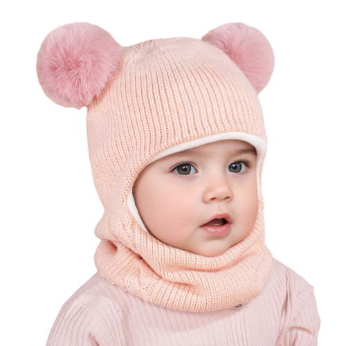 Baby Winter Knit Hat with Soft Pom Poms, Toddler Pullover Style Beanie with Integrated Neck Warmer, Cute Animal Ear Design Fleece Lined Cap for Infants and Kids Cold Weather Protection - Pink