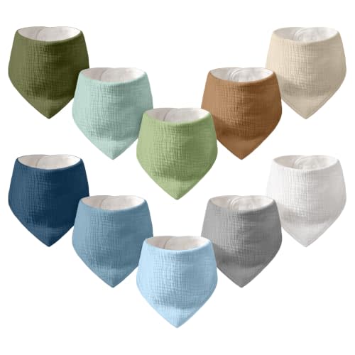 10 Pack Muslin Baby Bandana Bibs for Drooling and Teething | Absorbent Cotton Drool Bib for Baby Boy Girl, Easy Adjustable Bibs for Newborn Infants Toddlers, 0-36 Months, Green Blue